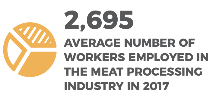 A yellow pie chart in the left side. And in the right side the following text: 2,695 AVERAGE NUMBER OF WORKERS EMPLOYED IN THE MEAT PROCESSING INDUSTRY IN 2017